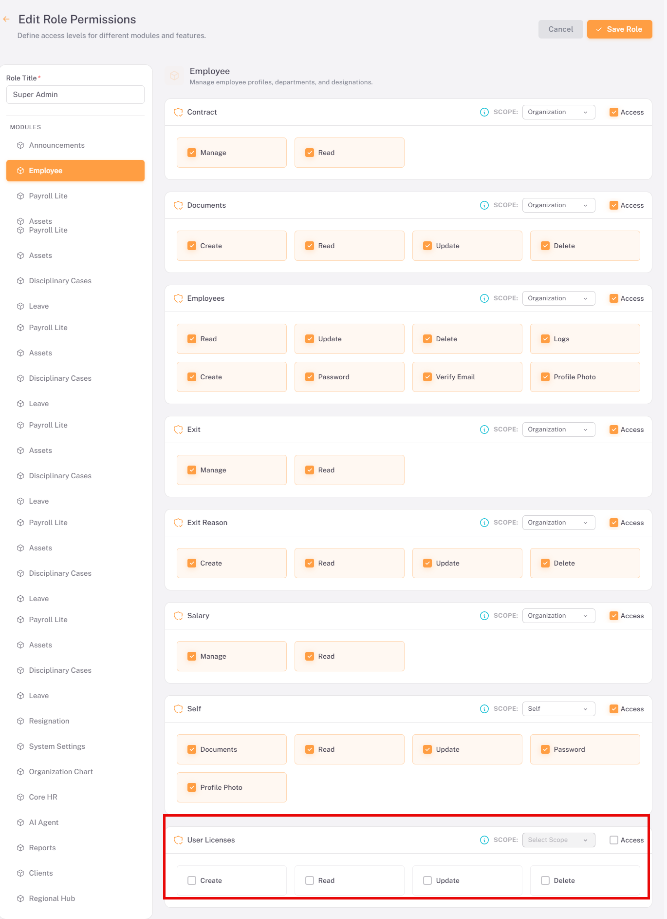 Employees module permission settings — enabling User License scope and permissions for the Super Admin role