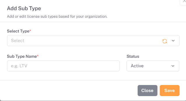 Add Sub Type dialog showing Select Type dropdown, Sub Type Name field, and Status field