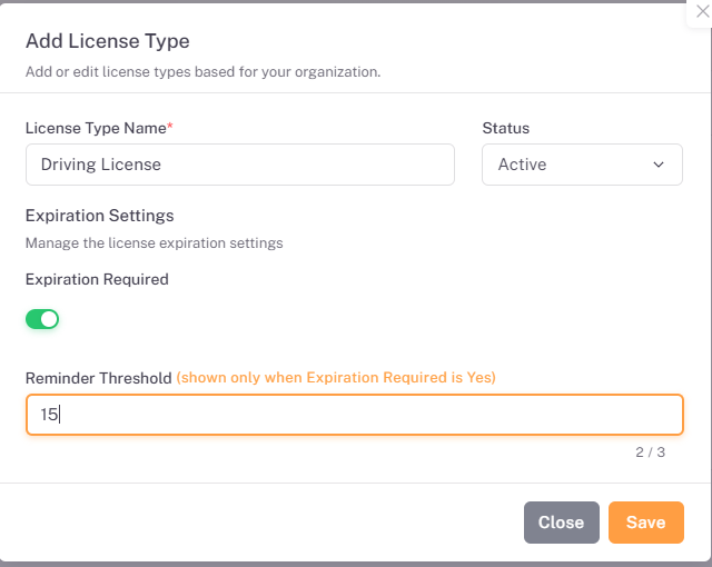Add License Type dialog showing License Type Name, Status, Expiration Required toggle, and Reminder Threshold fields