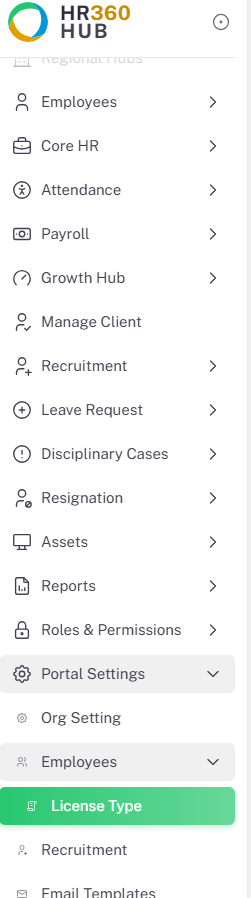 License Type highlighted in the sidebar menu