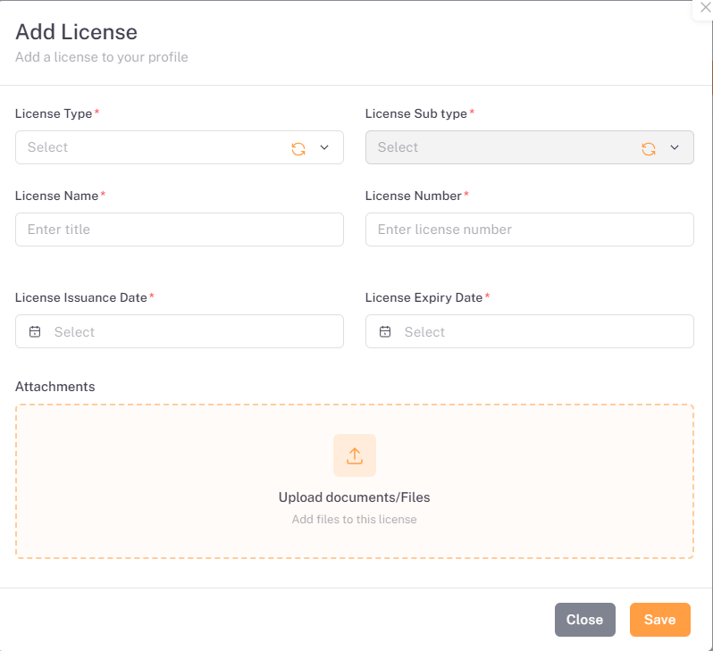 Add License form showing all required fields including License Type, Sub Type, License Number, Issue Date, Expiry Date, and file upload