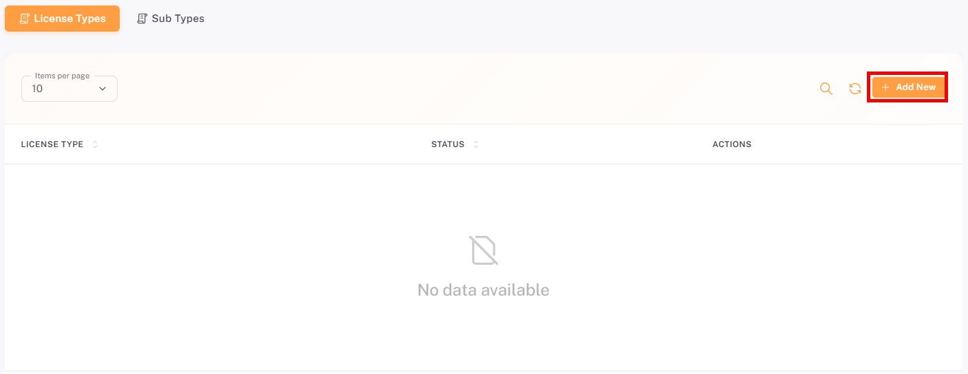  License Types tab in the License Management module showing existing license types and the + Add New button