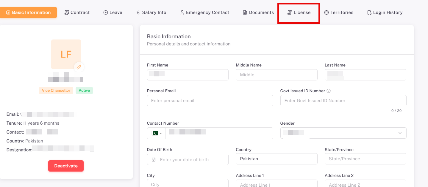  Employee profile showing the License tab now visible after License Types have been configured