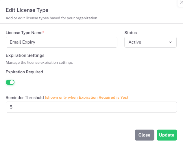 Edit License Type dialog with Expiration Required enabled and Reminder Threshold visible