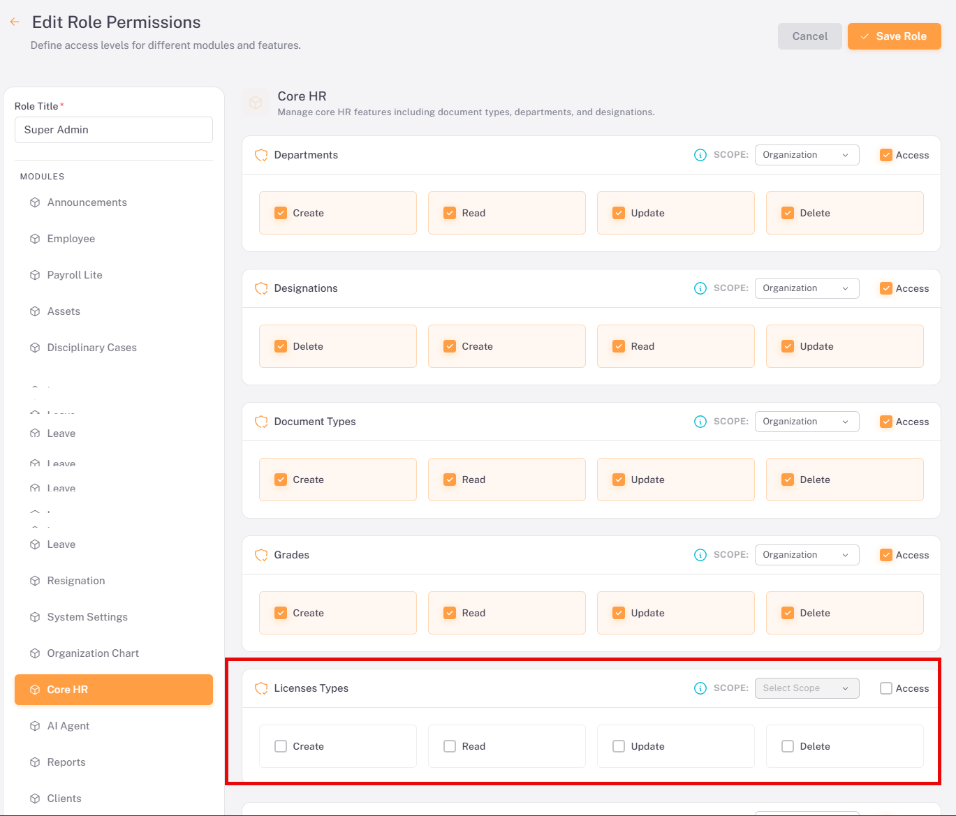 Core HR module permission settings — enabling License Types scope and permissions for the Super Admin role
