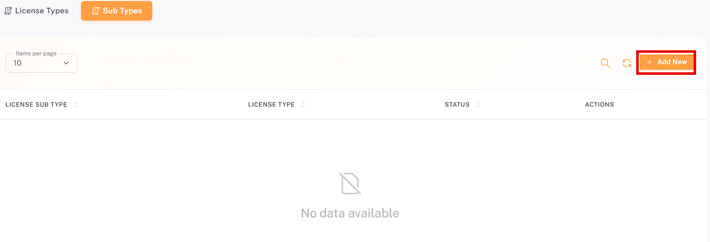  Sub Types tab in the License Management module showing existing sub types and the + Add New button