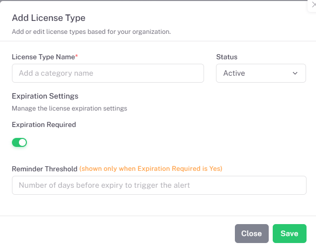 Add License Type dialog